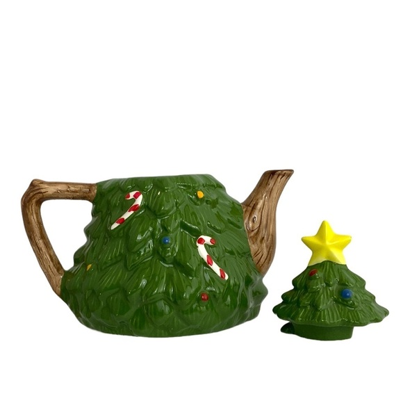 Holiday Teapot Christmas Tree Whimsical Vintage Glazed Ceramic Hand Painted - Picture 5 of 16